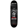 A skateboard deck featuring a black and white graphic illustration of a woman in a striped hoodie holding a skateboard, with the text 'A GIRL WHO SKATES ALONE AT NIGHT' in white and red. The brand 'ZEBRA HOUSE' is printed at the top.