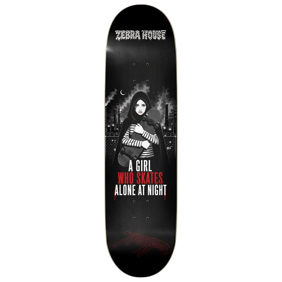 A skateboard deck featuring a black and white graphic illustration of a woman in a striped hoodie holding a skateboard, with the text 'A GIRL WHO SKATES ALONE AT NIGHT' in white and red. The brand 'ZEBRA HOUSE' is printed at the top.