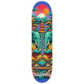 A skateboard deck featuring a vibrant, symmetrical Japanese-inspired illustration with two teal elephants, a pagoda, Mount Fuji, and a tea set, shown against a plain white background.