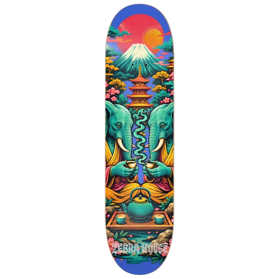 A skateboard deck featuring a vibrant, symmetrical Japanese-inspired illustration with two teal elephants, a pagoda, Mount Fuji, and a tea set, shown against a plain white background.