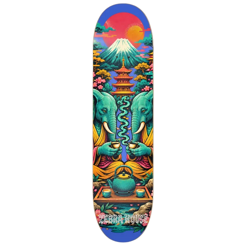 A skateboard deck featuring a vibrant, symmetrical Japanese-inspired illustration with two teal elephants, a pagoda, Mount Fuji, and a tea set, shown against a plain white background.